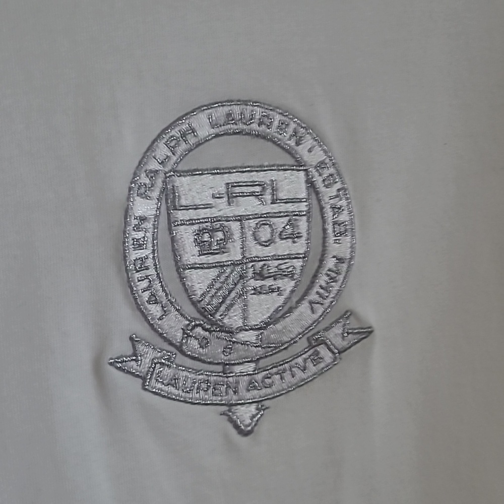 Ralph Lauren Metallic Insignia Embroidered Tee, Women's XL, White & Silver